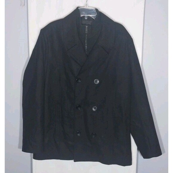Kenneth Cole Men's Peacoat Jacket Sz XL Black Dbl Breasted Wool Blend Timeless - Picture 1 of 11